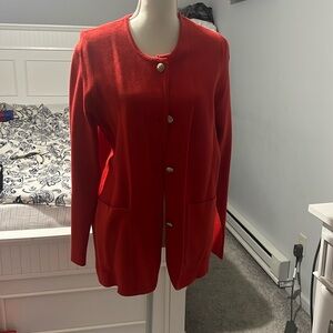 orangish red cardigan